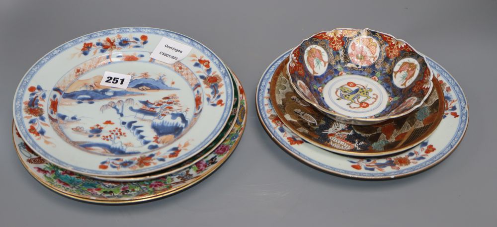 Six various Chinese porcelain dishes and a similar bowl, largest diameter 25cm